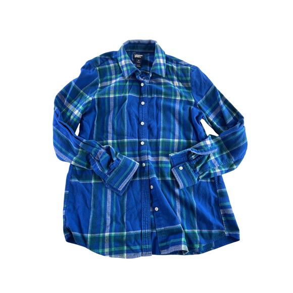 Lands End Flannel Shirt Womens Medium Blue Green Plaid Long Sleeve Button Down - Picture 1 of 5